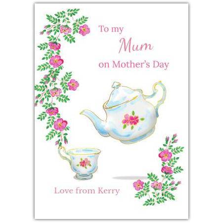 Personalised Mother's Day Card with Teapot and Pink Flowers Design