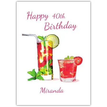 Personalised 40th Birthday Card with Red Cocktails Design and Custom Name Option