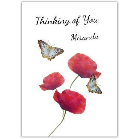 Personalised Thinking of You Card with Red Flowers and Butterflies Design