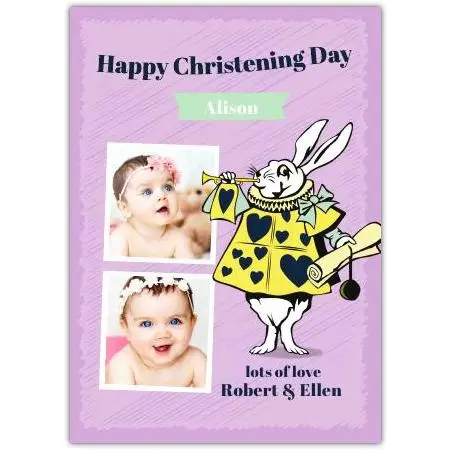 Personalised Alice In Wonderland Christening Day Card with Photo for Girl in Purple