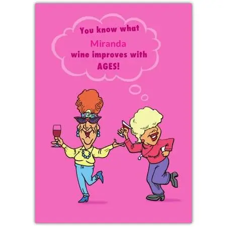 Funny Pink Ladies Wine Birthday Greeting Card with Dancing Cartoon Characters