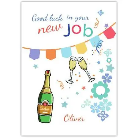 Good Luck New Job Celebration Card with Champagne and Glasses Personalised Name