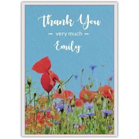 Personalised Thank You Card with Red Poppies and Wildflowers Meadow Design
