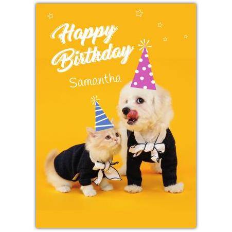 Personalised Happy Birthday Card with Funny Dogs and Cat in Party Hats