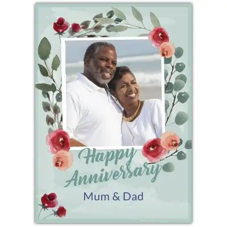 Personalised Anniversary Photo Upload Card with Red and Orange Flowers for Mum and Dad