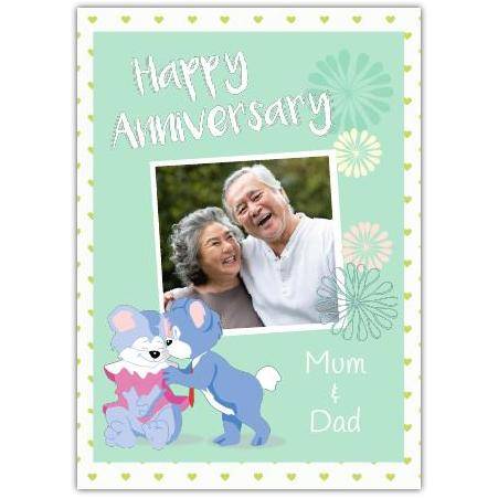 Personalised Happy Anniversary Photo Upload Card with Kissing Blue Rabbits for Mum and Dad