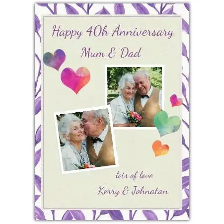 Personalised 40th Anniversary Photo Upload Card with Colourful Hearts and Purple Pattern