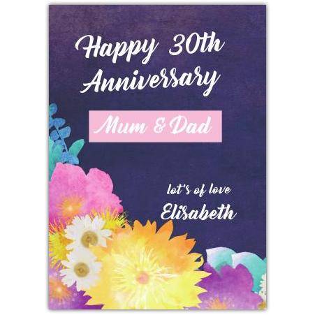 30th Anniversary Floral Watercolour Greeting Card for Mum and Dad with Customisable Text