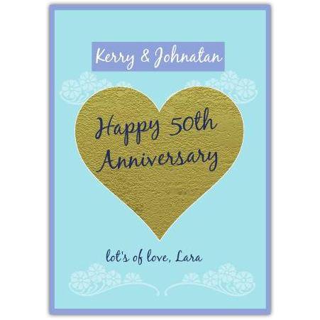 Personalised 50th Golden Heart Anniversary Greeting Card with Custom Names and Message