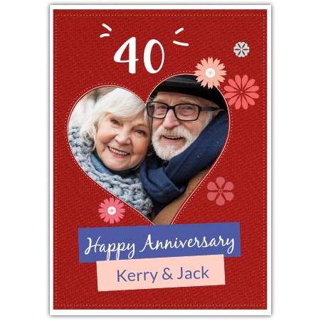 40th Ruby Red Anniversary Photo Upload Card with Flowers and Heart Design