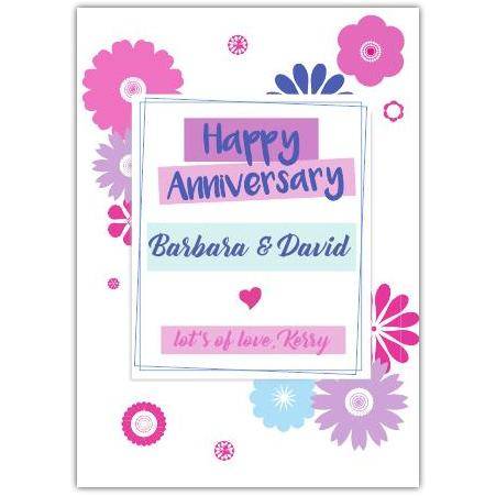 Personalised Happy Anniversary Card Pink Purple Flowers with Custom Name Option