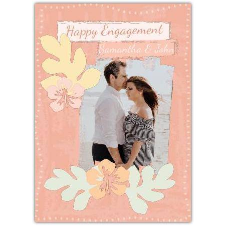 Happy Engagement Photo Upload Card with Tropical Flowers Design