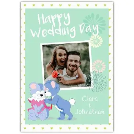 Happy Wedding Day Photo Upload Card with Cute Blue Rabbits and Green Hearts Design