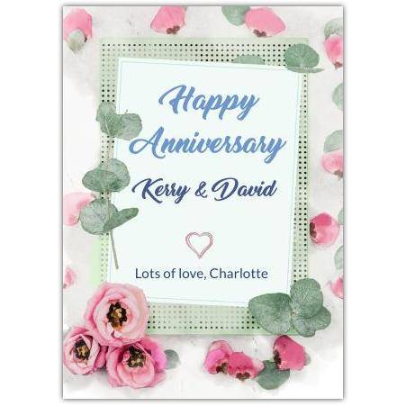 Personalised Happy Anniversary Card with Pretty Pastel Pink Roses and Greenery Frame