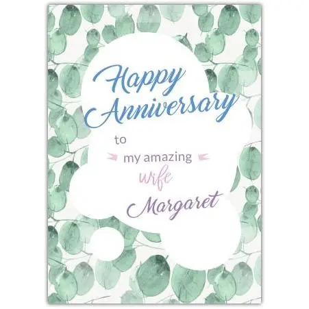 Personalised Eucalyptus Leaves Happy Anniversary Card for Wife with Custom Name