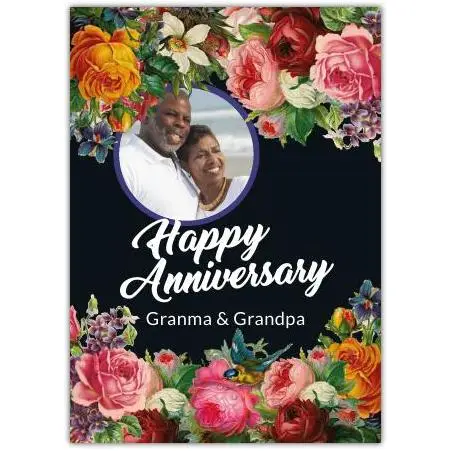 Personalised Anniversary Card for Grandma and Grandpa with Photo and Pretty Rose Border