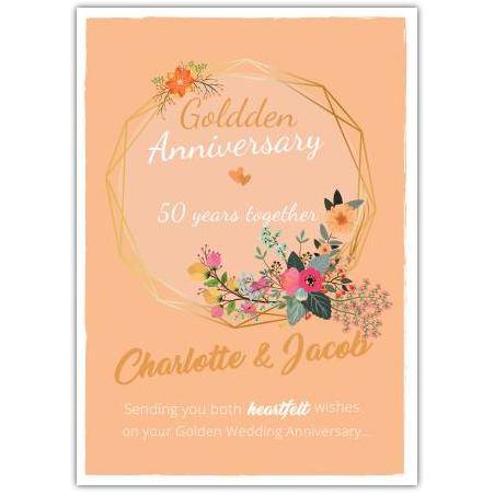 Golden 50th Wedding Anniversary Floral Frame Personalised Card