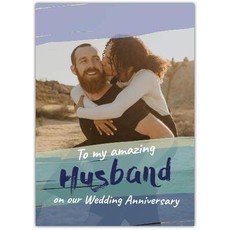 Personalised Blue Green Photo Upload Wedding Anniversary Card for Husband