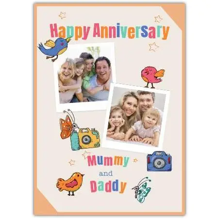 Personalised Happy Anniversary Card for Mummy and Daddy with Photo Upload and Cute Birds Design