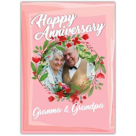 Personalised Happy Anniversary Pink Floral Wreath Card for Gran and Grandpa with Photo Upload