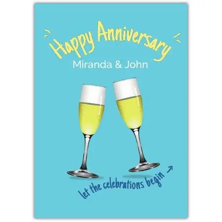 Happy Anniversary Personalised Champagne Glasses Celebration Card Turquoise