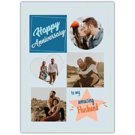 Personalised Husband Anniversary Card with 4 Photo Uploads and Heart Star Design