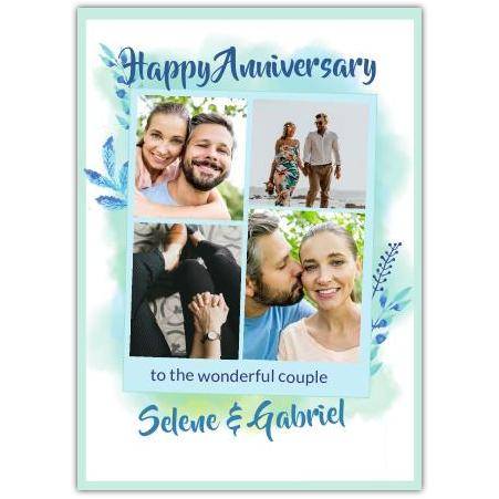 Personalised Blue Watercolour 4 Photo Upload Happy Anniversary Card for Couples