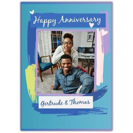Personalised Blue Brush Stroke Photo Upload Happy Anniversary Card