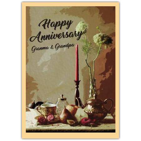 Vintage Anniversary Greeting Card with Teapot Candle and Pears for Grandma and Grandpa