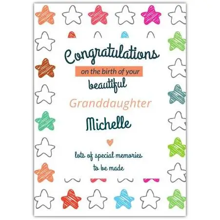 Personalised New Baby Granddaughter Congratulations Card Colourful Stars Design
