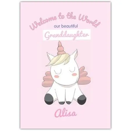 Personalised Baby Welcome Granddaughter Card Pink Unicorn Design