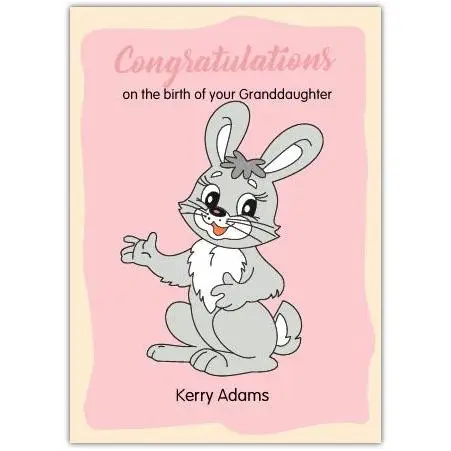 Personalised Baby Congratulations Card for Granddaughter with Cute Grey Bunny on Pink Background