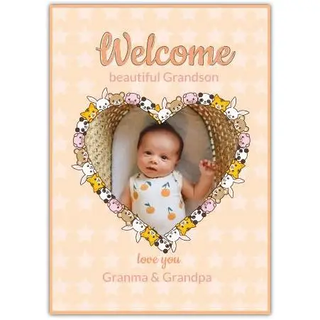 Welcome Grandson Photo Upload Baby Card with Cute Furry Friends Heart Frame