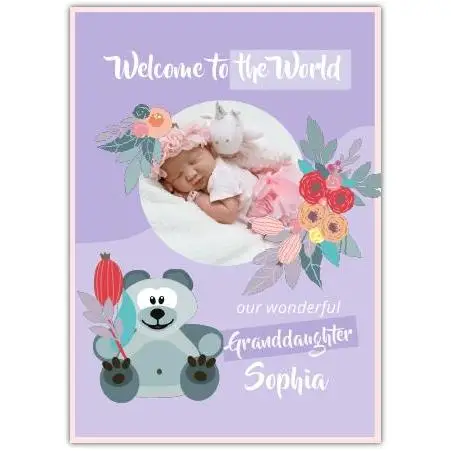Personalised New Baby Granddaughter Photo Upload Purple Welcome to the World Card