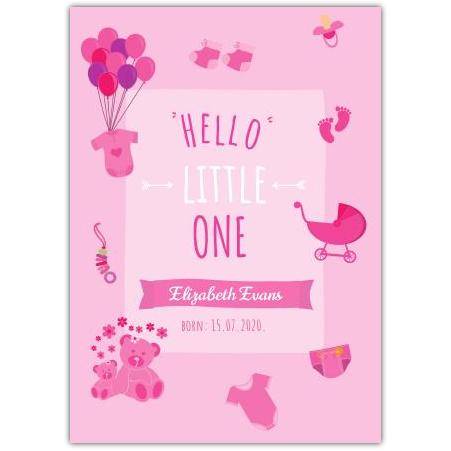 Personalised Hello Little One New Baby Girl Card with Pink Balloons and Baby Icons