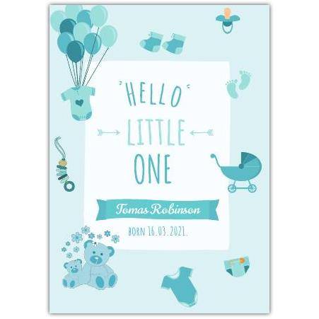 Personalised New Baby Boy Greeting Card Blue Balloons Teddy Bear Pram Design