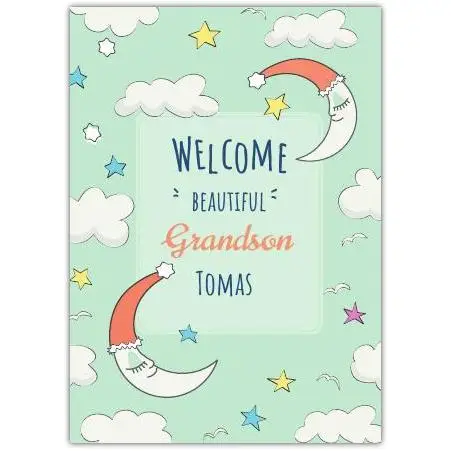 Welcome Baby Grandson Moon and Stars New Baby Greeting Card Personalised