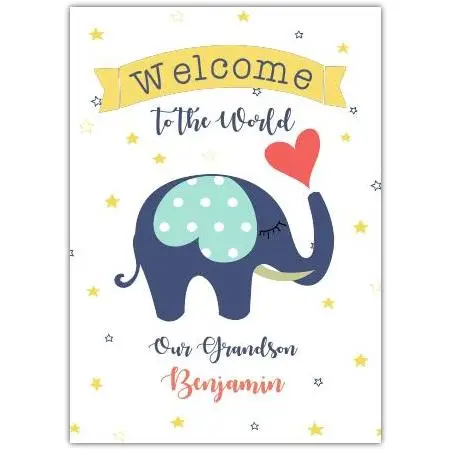 Personalised Welcome Baby Card Featuring Cute Blue Elephant and Stars for New Grandson