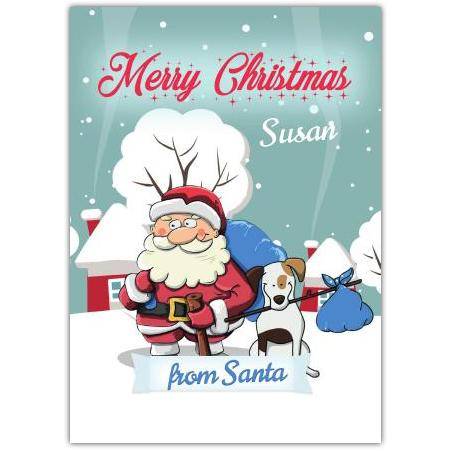Personalised Christmas Card with Santa and Dog in Snowy Scene