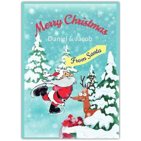 Personalised Merry Christmas Santa and Reindeer Ice Skating Greeting Card