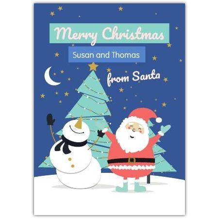 Personalised Merry Christmas Card with Santa and Snowman Night Scene