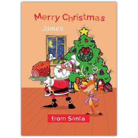 Personalised Christmas Card Santa with Ham and Reindeer by Tree