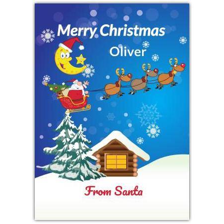 Personalised Christmas Card Santa Sleigh Flying Over Snowy Cabin with Moon Design