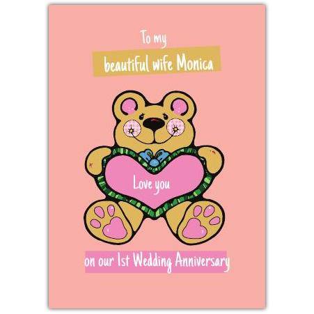 Personalised 1st Wedding Anniversary Card for Wife with Teddy Bear and Heart Design