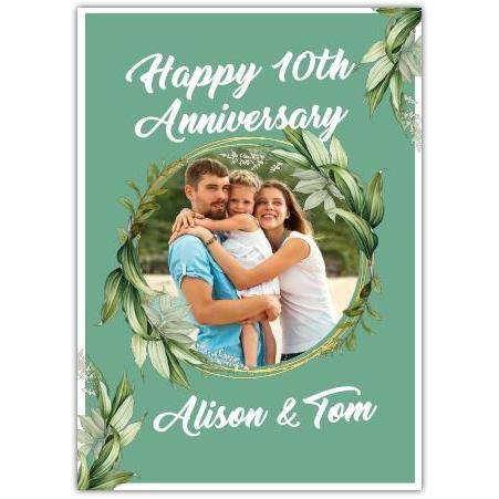 Personalised 10th Anniversary Green Leaves Photo Upload Greeting Card
