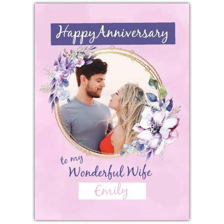 Personalised Happy Anniversary Wife Photo Upload Purple Flowers Card