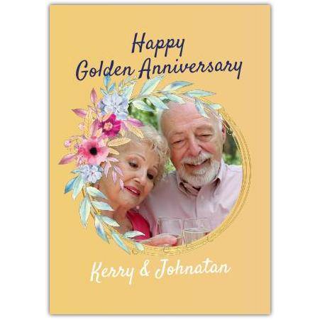Personalised Golden Anniversary Photo Upload Card with Floral Wreath Design