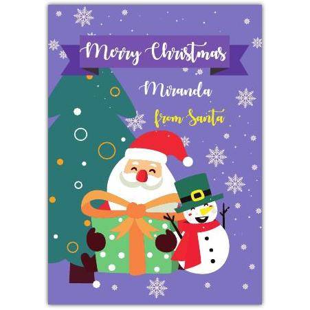 Personalised Christmas Card from Santa with Snowman and Tree on Purple Background