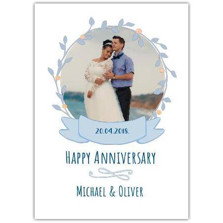 Personalised Blue Floral Frame Anniversary Photo Upload Card