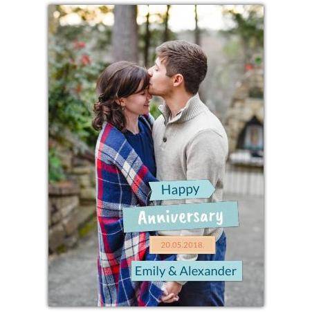 Personalised Blue and Orange Photo Anniversary Greeting Card with Names and Date